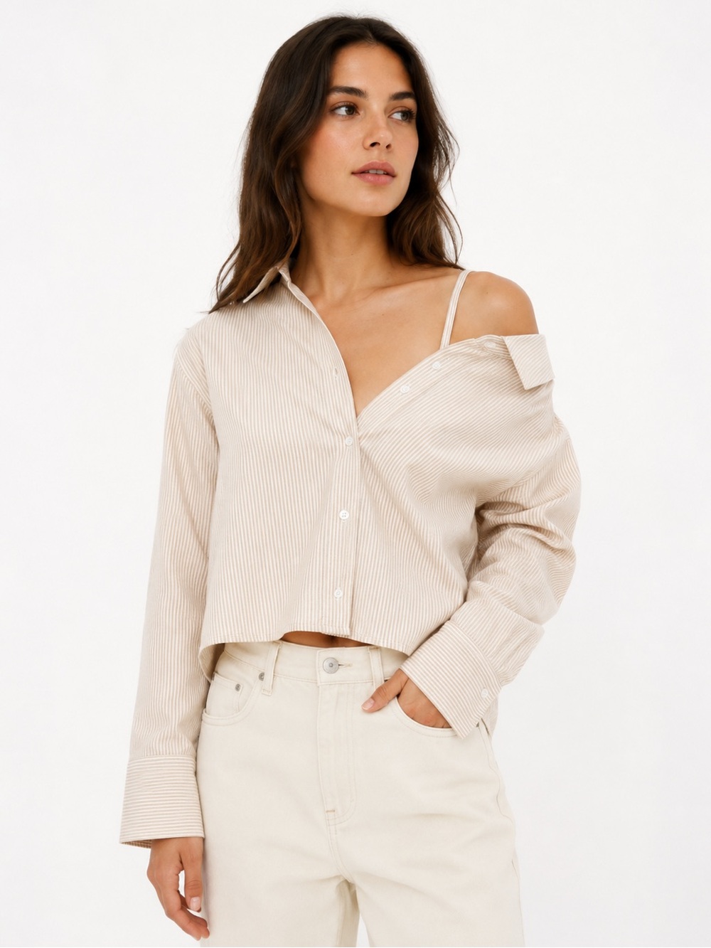 OAK + FORT Striped Cropped asymmetrical Off Shoulder Blouse Medium Beige White